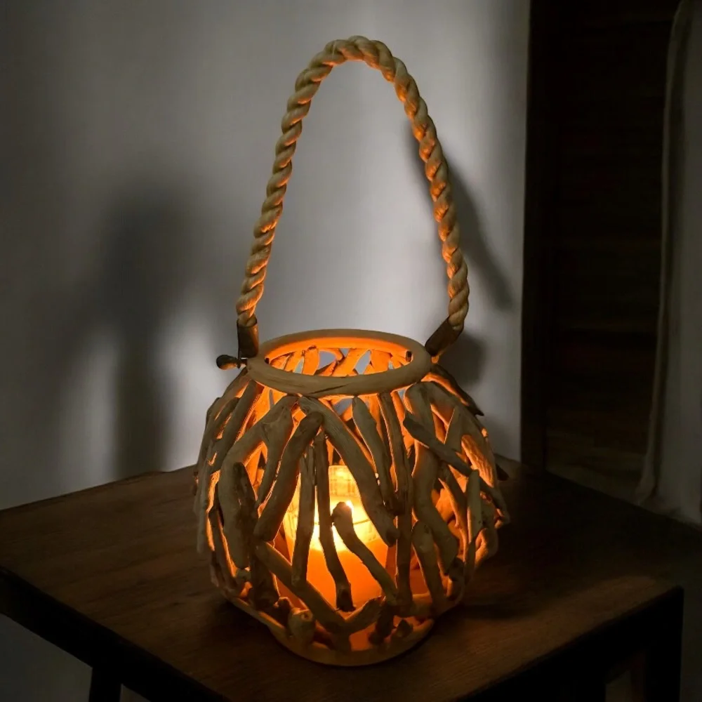Driftwood Lantern Round Rustic Candle Coastal Design